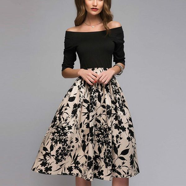 

casual dresses floral printed patchwork autumn/winter dress women off shoulder party elegant slash ladies, Black;gray
