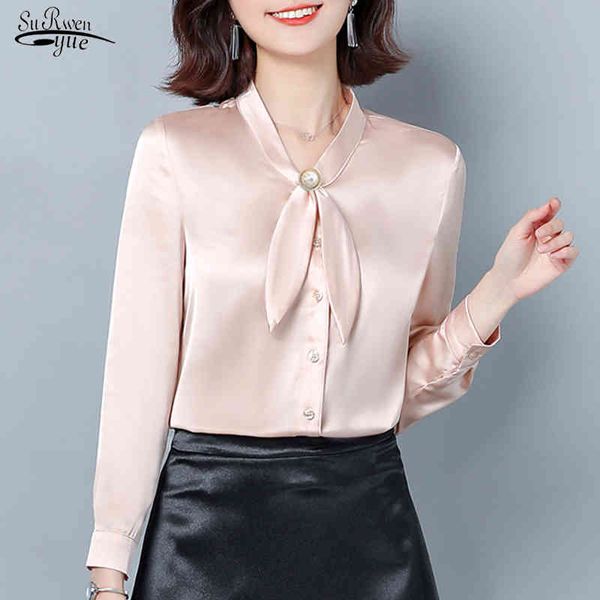 

autumn silk solid shirt women office lady long-sleeve bow blouse plus size button cardigan female clothing 10854 210508, White