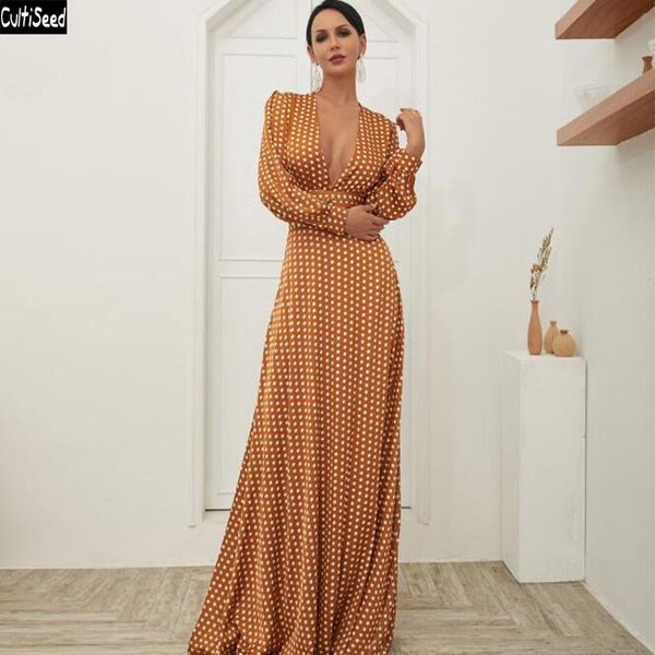 

casual dresses cultiseed women deep v neck party dress female european vintage elegant dot print long ladies fashion bohemia, Black;gray