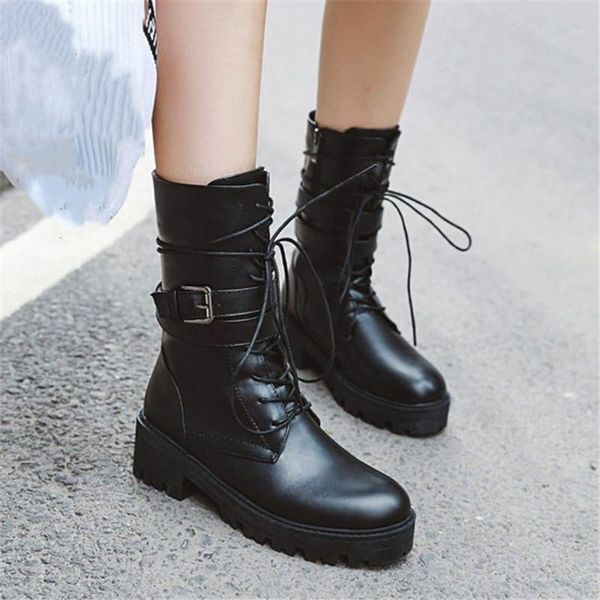 

boots pxelena punk gothic women buckle lace up chunky med heels combat motorcycle biker ankle lady shoes1, Black