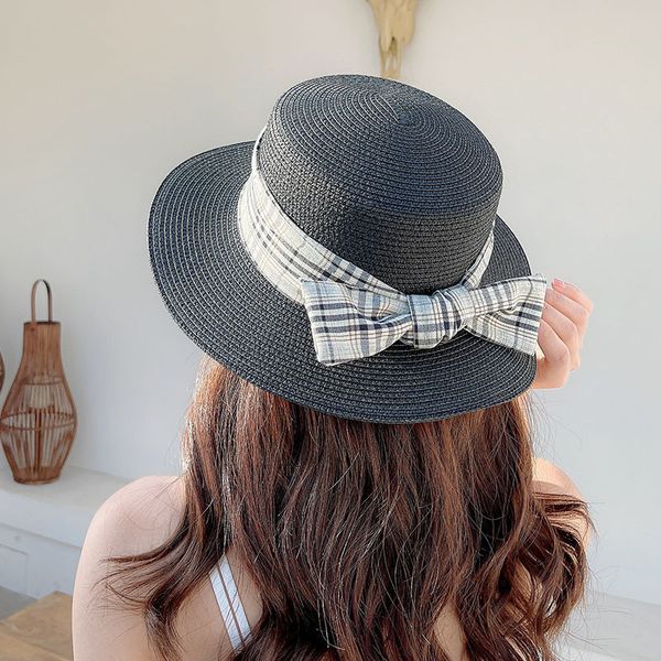 

french plaid bow elegant straw hat women's spring and summer fresh art travel sun shading flat hat, Blue;gray