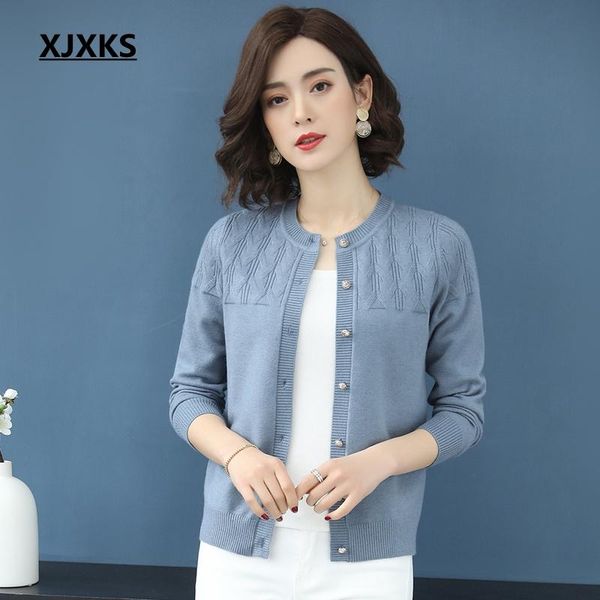 

women's sweaters xjxks cardigan women solid color knitted single-breasted o-neck sweater good quality cardigans spring 2021 modis, White;black