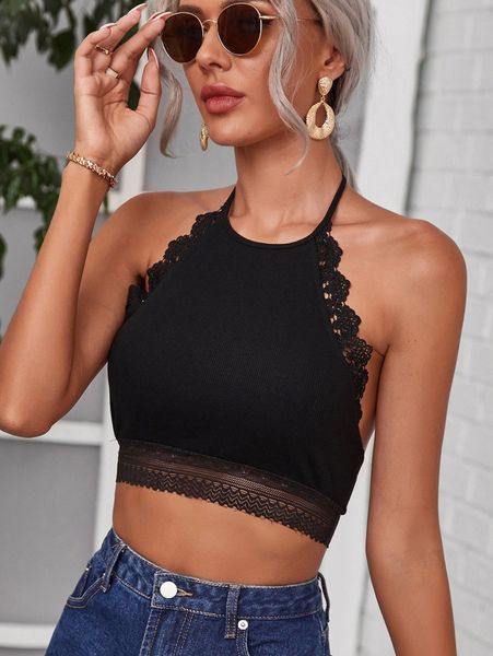 

guipure lace trim self tie backless halter 6409#, White
