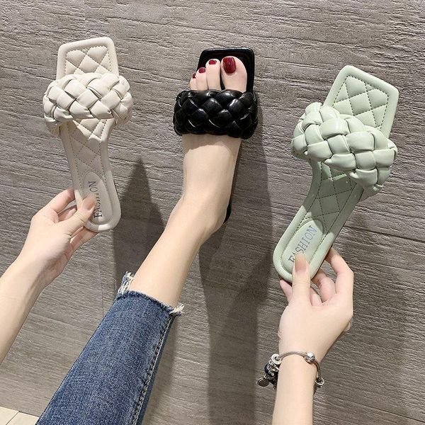 

summer sandals square head flat bottom solid color woven korean one word large size women's slippers, Black