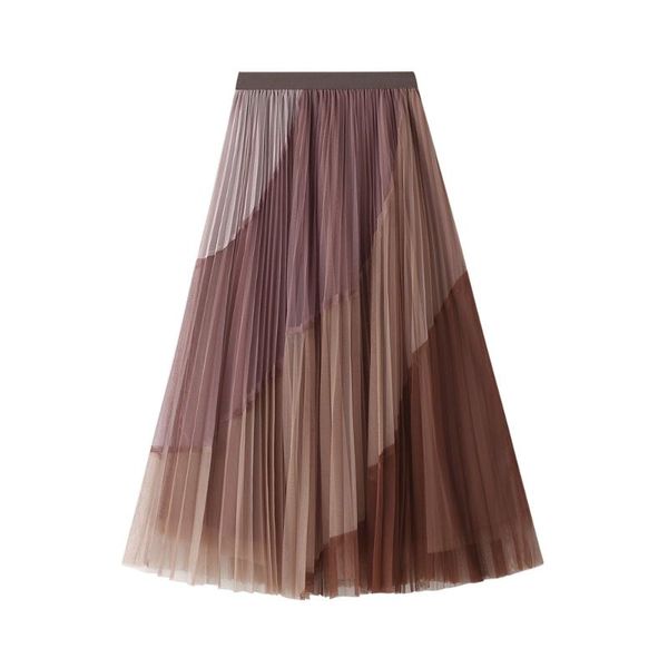 

skirts women fashion casual elegant color block mesh elastic waist three layered pleated prom party a-line all season, Black