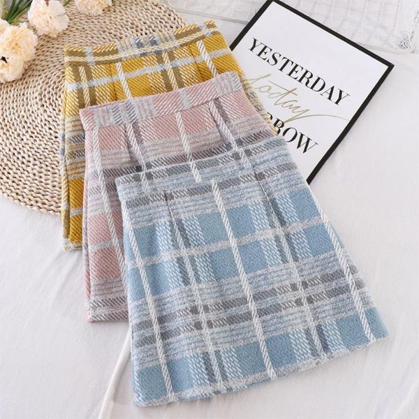 

autumn winter woolen a line womens skirts plaid femme bodycon wide leg highstreet mini, Black