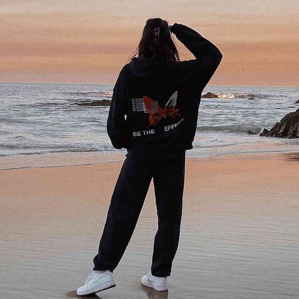 

women's hoodies & sweatshirts hip hop streetwear printed butterfly vintage loose casual harajuku large sweatshirt simple high quality, Black
