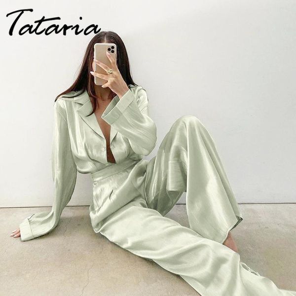 

women's two piece pants satin home suit trouser suits set women and trousers female autumn 2021 button up shirt wide leg, White