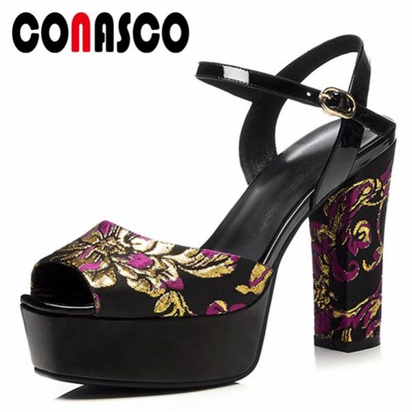 

dress shoes conasco women ankle strap sandals high heels prints wedding party woman platforms prom pumps summer, Black