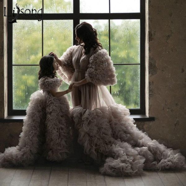 

amazing ruffled tulle maternity dresses robe for po shoot extra puffy long women robes party night dress pography custom casual, Black;gray