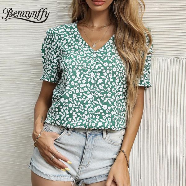 

women's blouses & shirts benuynffy v-neck button up floral print women fashion split hem 2021 boho casual summer short sleeve blouse, White