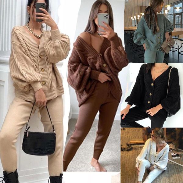 

women's two piece pants 2021 autumn winter fashion v-neck solid color suit casual straight trousers plus size knitted cardigan sweater, White