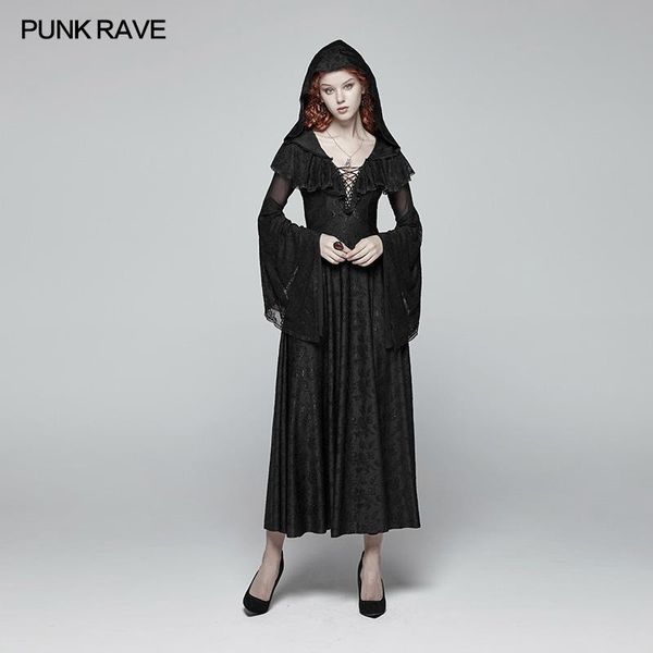 

casual dresses punk rave women vintage long-sleeved jacquard gothic black witch evening party fashion hooded lace dress, Black;gray