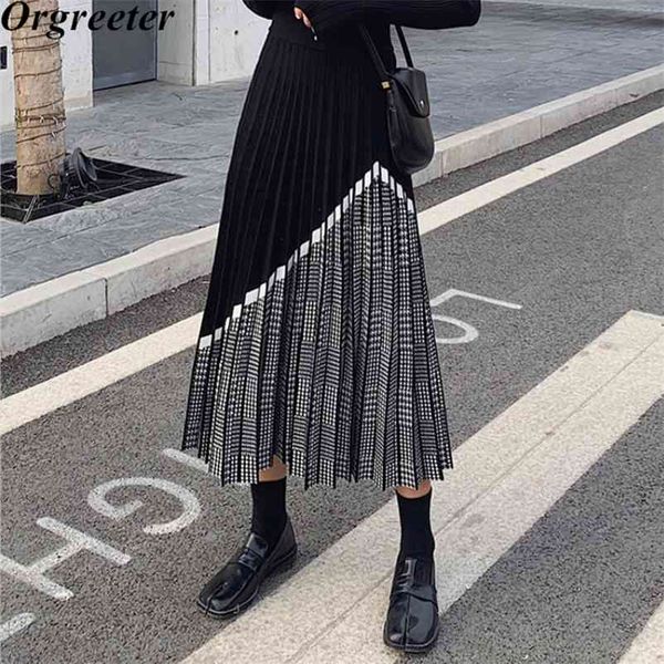 

women's knitted skirt fall winter fashion houndstooth hit color patchwork skirt pleated thick black warm skirts 210325