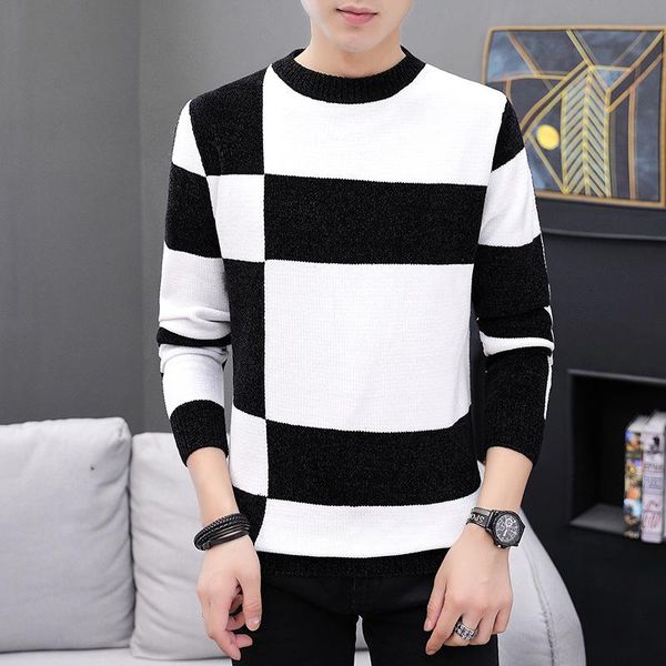 

men's sweaters lente en herfst koreaanse versie pulover mannentrui rond de nek slim passen lange mouwen kleur overeenkomende sweater, White;black