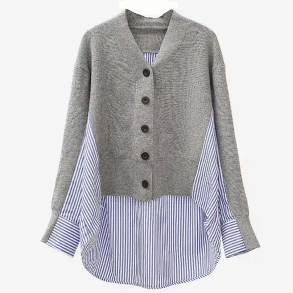 Qooth Top da donna Grigio con scollo a V Patchwork Camicia a maniche lunghe a righe Ufficio Blusas Femininas Camicetta harajuku Camicia lavorata a maglia QT503 210518