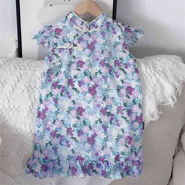 Sommer leichte Kleider Mädchen Kleidung Kinder Kleidung Mädchen Kinder Chiffon Floral Cheongsam 210528