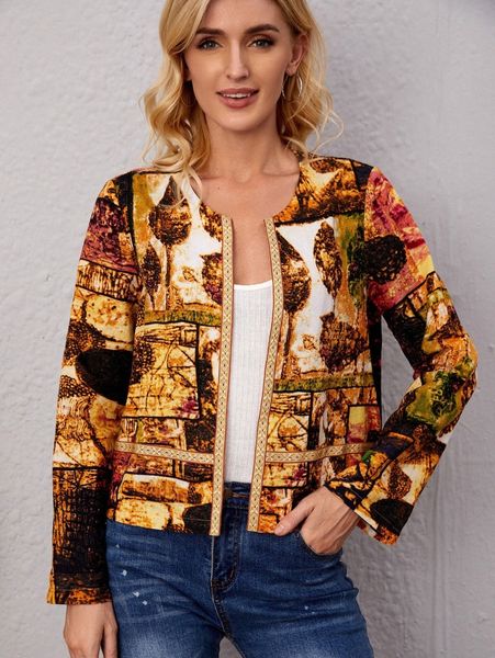 

emery rose all over print open front jacket l74a#, Black;brown