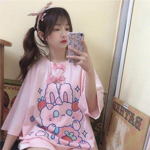 

women's t-shirt qweek kawaii shirt fashion cute print ops oversized shirt casual loose cotton pink graphic shirts mgy, White