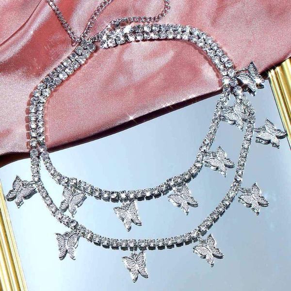 

chains boho multilayer butterfly pendant necklace wedding jewelry gold silver color crystal tennis chain necklaces for women party gift