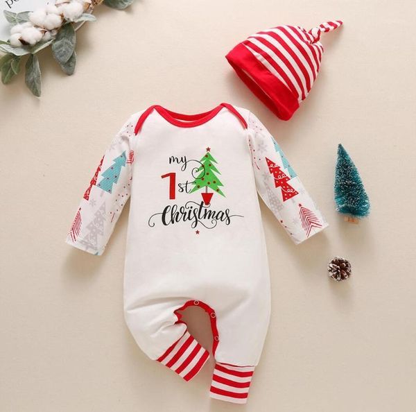 

christmas born baby girls boys romper long-sleeved jumpsuit fall tree stripes clothes+headband outfits 2021 jumpsuits, Blue