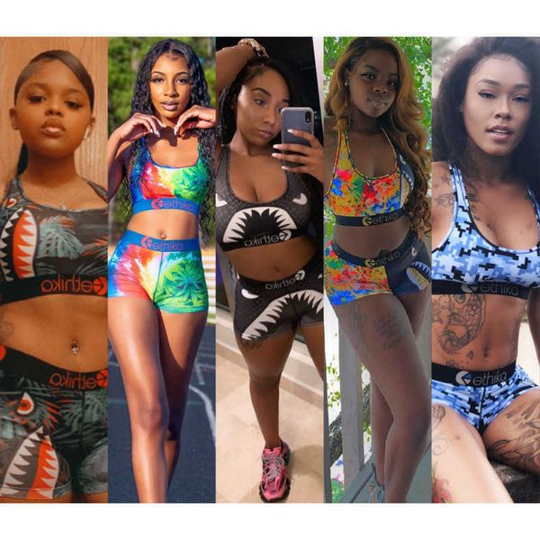 

women tracksuits two pieces set swimwear ethika beachwear slim shaped swimsuits swim bra shorts hd printing shark camo bikini set, Gray