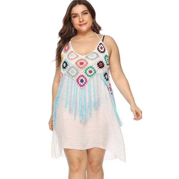 

plus size beach dress crochet tassels cover up women beachwear bandage strings swimsuit tassel knited tunic 2021 women's swimwear, White;black