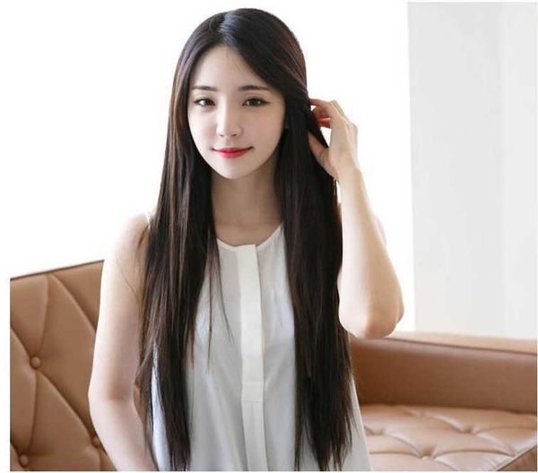 

female long straight split bangs high temperature silk wig long straight wig, Black