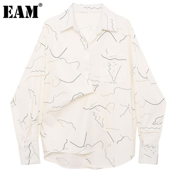

[eam] women white pattern printed big size blouse lapel long sleeve loose fit shirt fashion spring autumn 1dd6918 210512