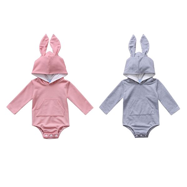 

0-24m cute lovely newborn toddler baby girls boys cotton long sleeve hooded with ears covered button solid 2 color bodysuit, White