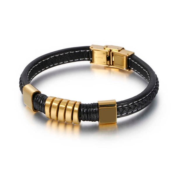 

fashion black leather men bracelets bangles gold silver color men stainless steel punk bangle simple trendy bangles bracelets q0720