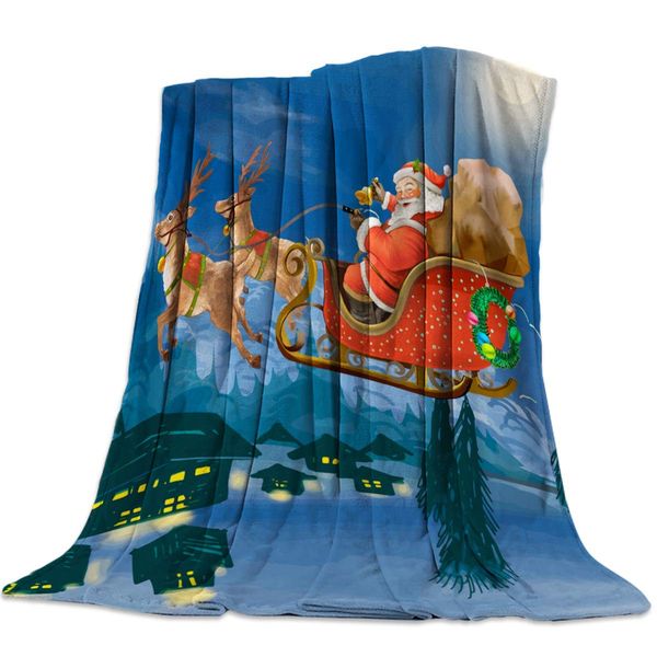 

flannel fleece blanket santa claus and his elk moon merry christmas super soft warm cozy bed couch or car throw blanket for