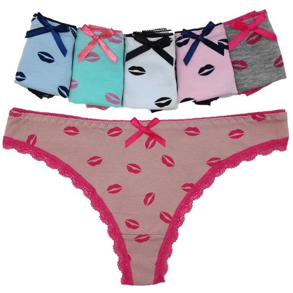 

women's panties 12 pieces ladies lip print thong women cotton underwear t-back lingerie low-rise g string comfortable underpants, Black;pink