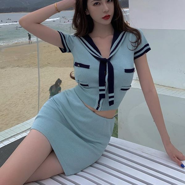 

women's knits & tees korean sweet knit 2 piece set women crop single breasted sweater cardigan + bodycon mini skirt suits girls two out, White