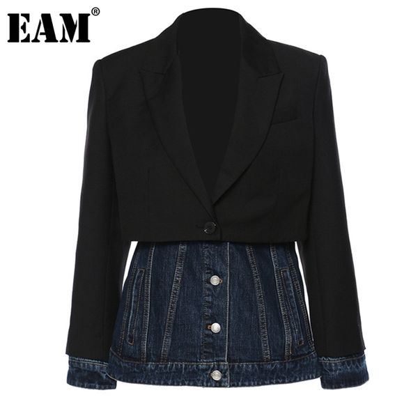 

[eam] women black denim spliced long blazer lapel sleeve loose fit jacket fashion spring autumn 1de1679 211122, White;black