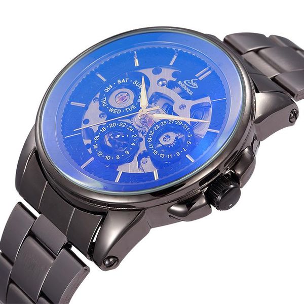 

men mechanical watches shenhua black stainless steel skeleton automatic self wind wristwatches montres hommes, Slivery;brown