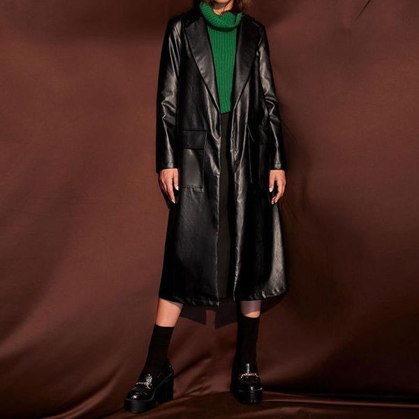 

women's trench coats windbreaker long coat pu jackets black turn-down collar autumn faux leather basic, Tan;black