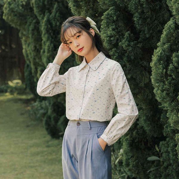 

blouses spring arrival art floral print wave edge long sleeve korean fashion leisure temperament women's shirt oibg, White