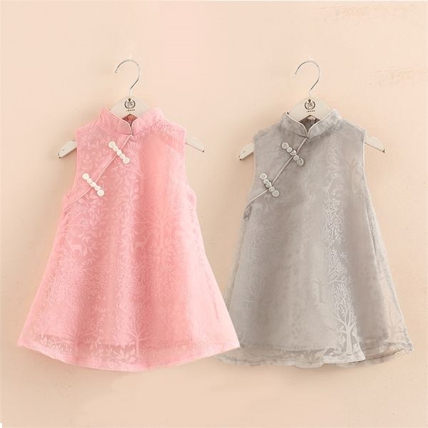 

summer 2-12 years old chinese ethnic vintage style mandarin collar sundress kids baby lace cheongsam vintage girl dress 210701, Red;yellow