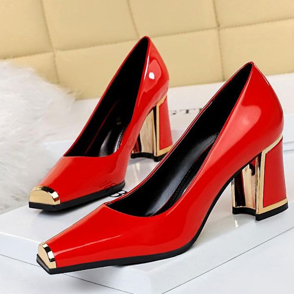 

dress shoes patent leather woman pumps spring high heels women metal square head wedding middle heel, Black