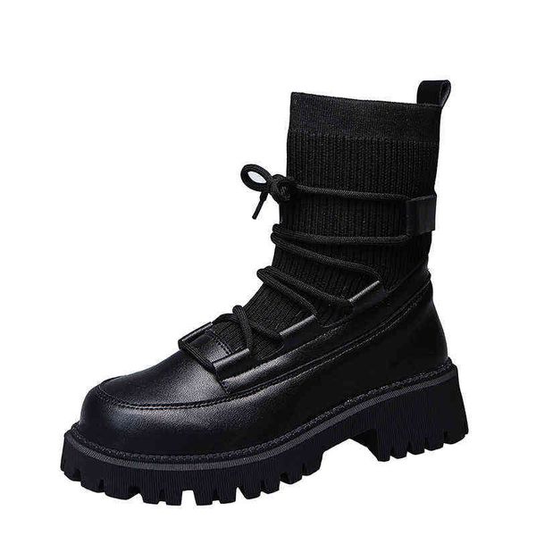 Black Sock Botas Mulheres 2021 New Punk Gothic Shoes Ankle Boots Plataforma Sapatos Mulheres Lace Up Botas Peúgas Brancas Plus Size Y1105