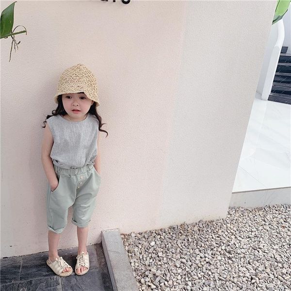 

vest children's 2021 summer girls' korean plaid ramie cotton shirt baby girl, Blue