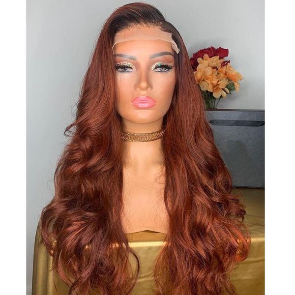 

lace wigs brazilian ombre pre plucked light auburn brown wavy 13x6 deep part human hair with baby 250density glueless t wig, Black;brown