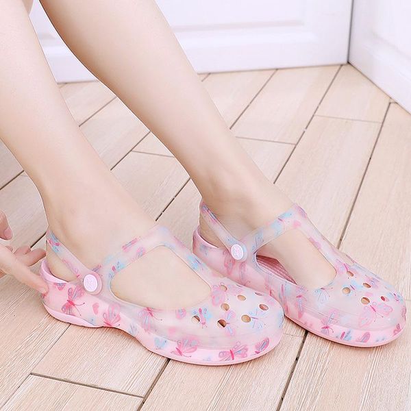 

closed-toe porous shoes women's slanted heel garden sandals jelly anti-slip seaside holiday thick bottomed flat, Black