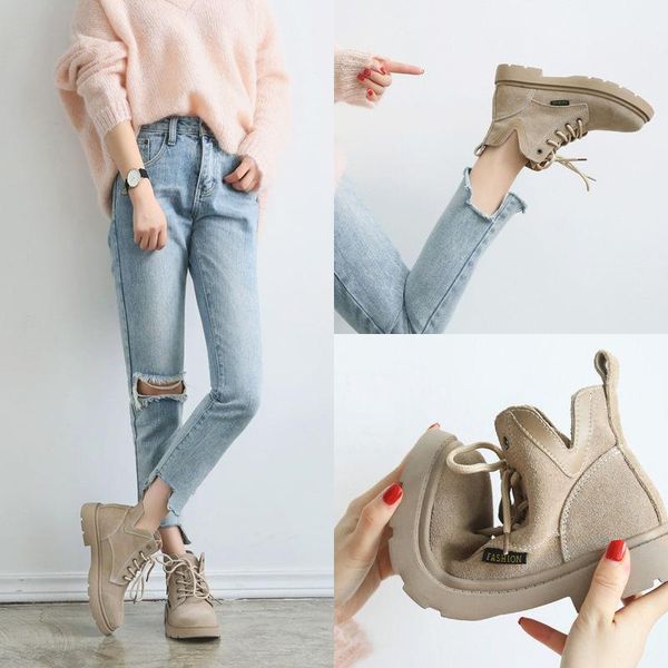 

boots fashion round head suede solid lace 2021 korean autumn up casual british style versatile women's, Black