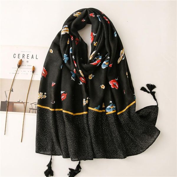 

scarves 2021 est print women's cotton linen scarf female autumn floral for spring bohemia headscarf ethnic bandana, Blue;gray
