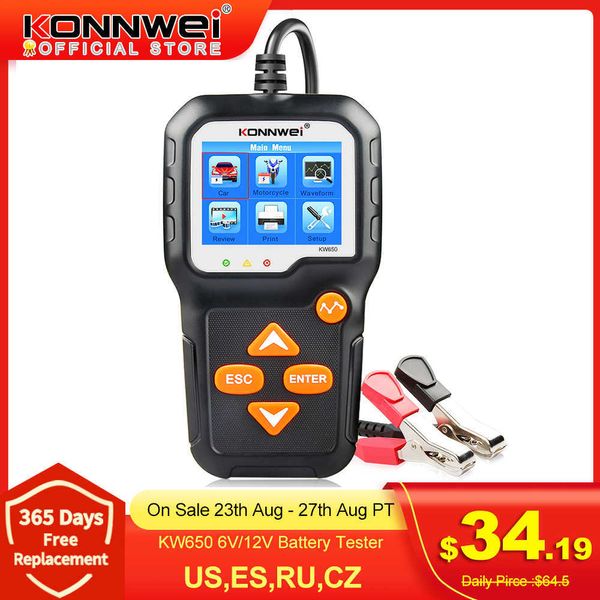 Strumenti diagnostici KONNWEI KW650 Tester per batterie per motociclette per auto 12V 6V Analizzatore di sistema per batterie 2000CCA Strumenti per test di avviamento di ricarica per auto