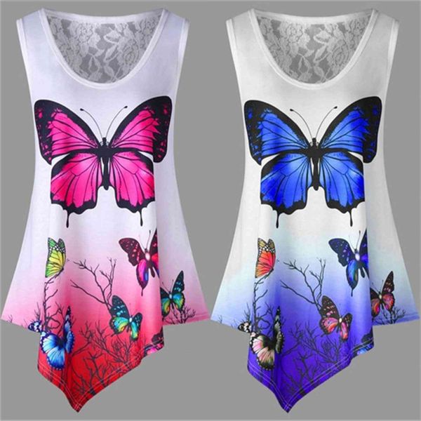 

5xl big sizes summer casual women sleeveless irregular butterfly print loose plus size female top, White