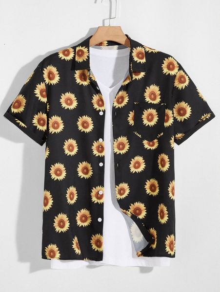 

men sunflower print button through shirt u4t5#, White;black