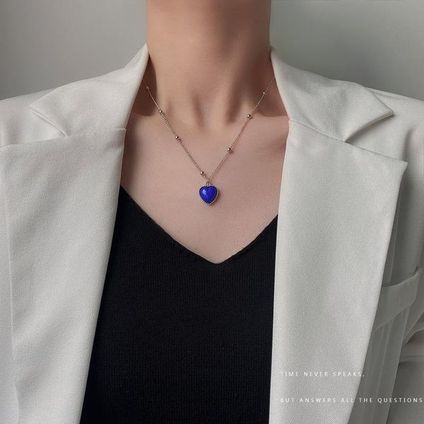 

chains design necklace woman blue hearts women heart pendant chain lovers fashion trendy korean zinc alloy simple collares, Silver